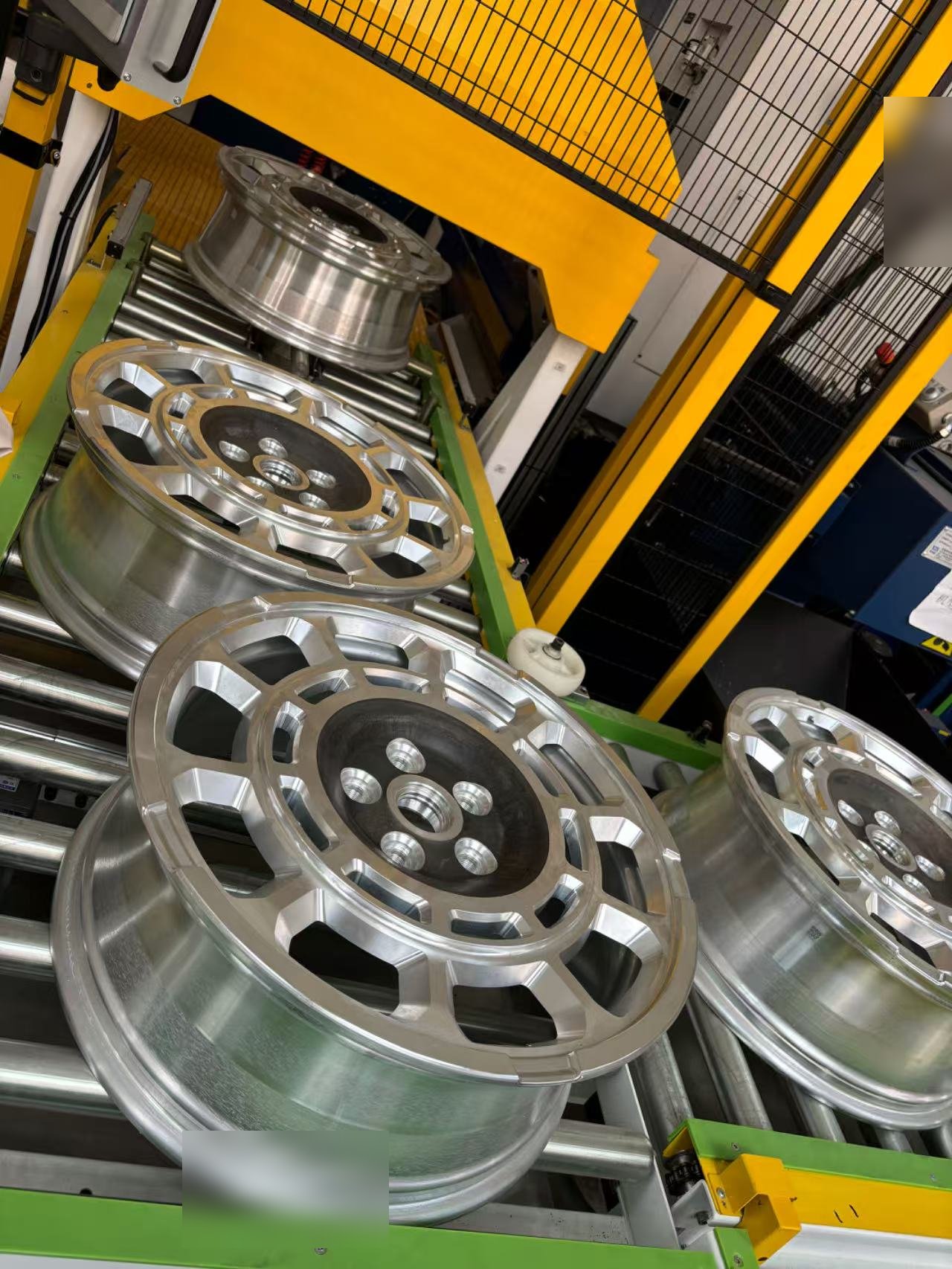 Machined wheels on the production conveyor