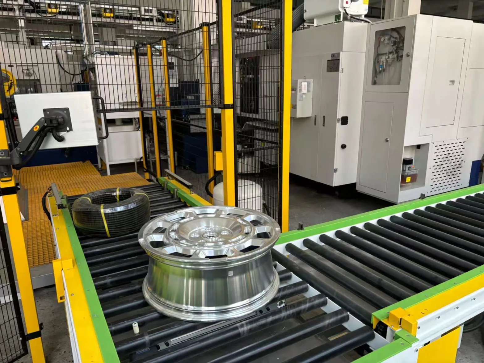 Freshly machined forged wheel on the production line